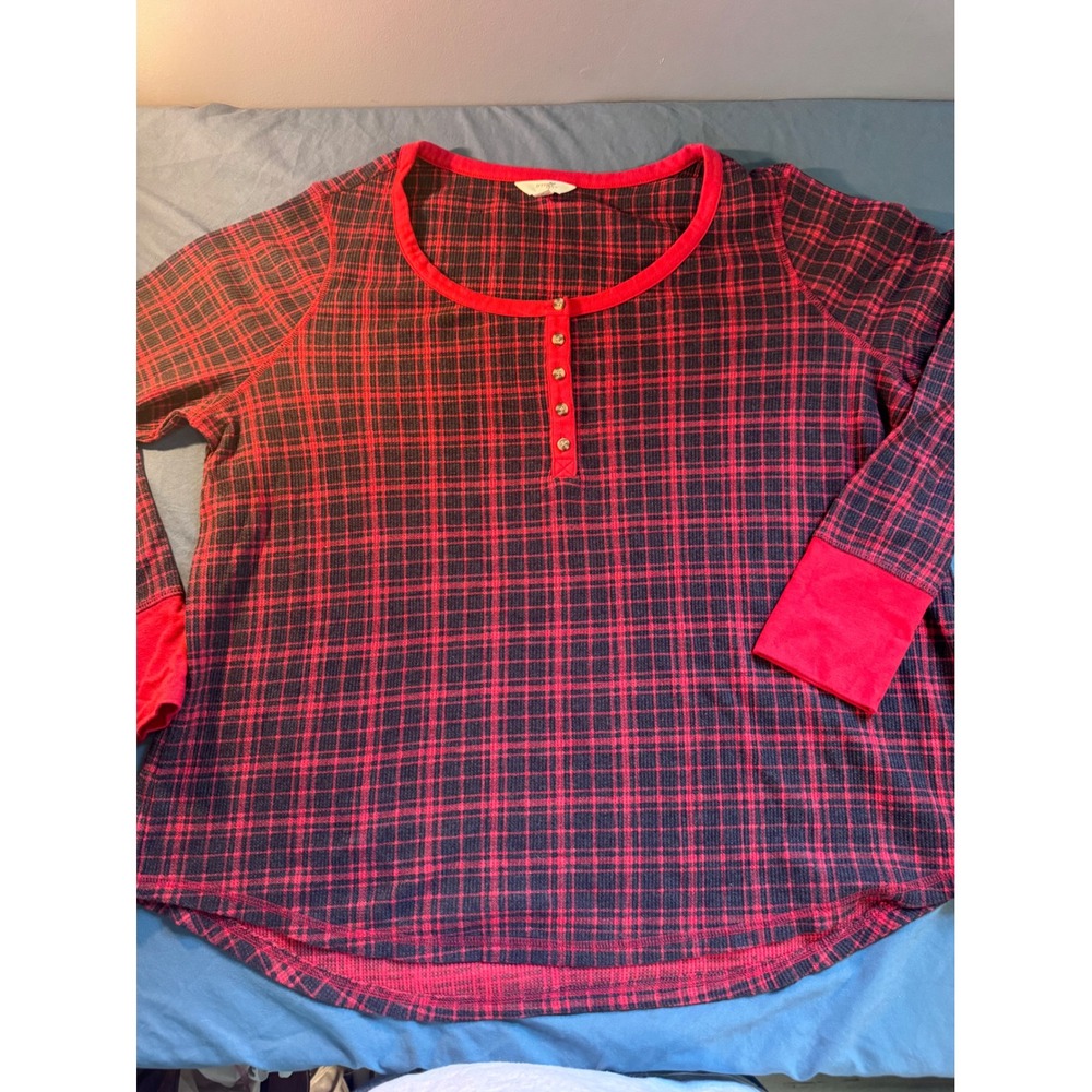 Terra & Sky Womens 1X Red Black Plaid Henley Waffle Knit Thermal Top